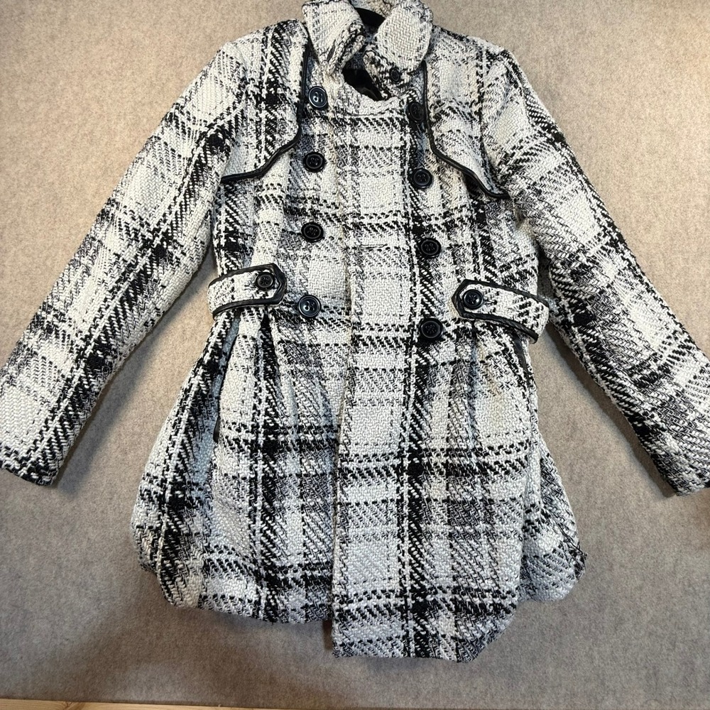 IZ Byer California Black White Plaid Double Breasted Pea Coat FauxLeather Trim L